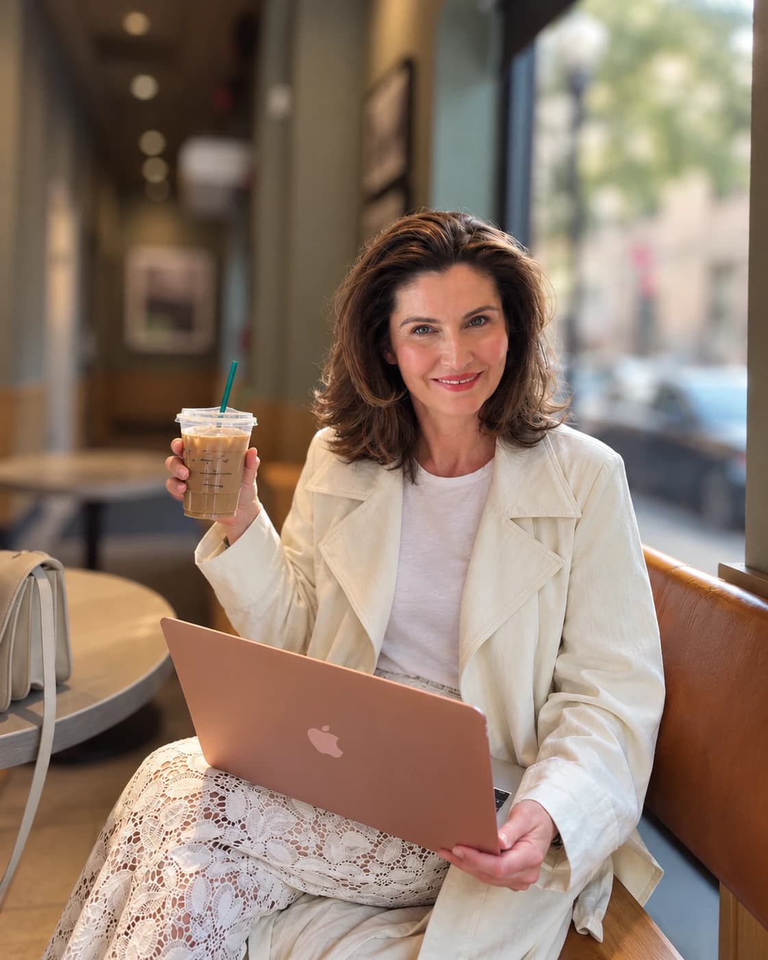 Linda Cunningham in a café with her laptop and a coffee
